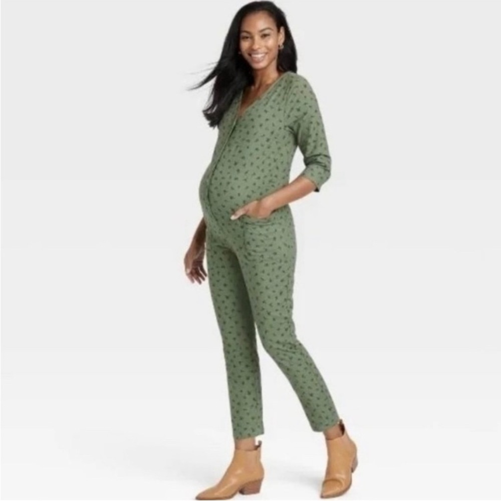 The Nines by Hatch 3/4 Sleeve Maternity Jumpsuit Coverall Olive Green XL